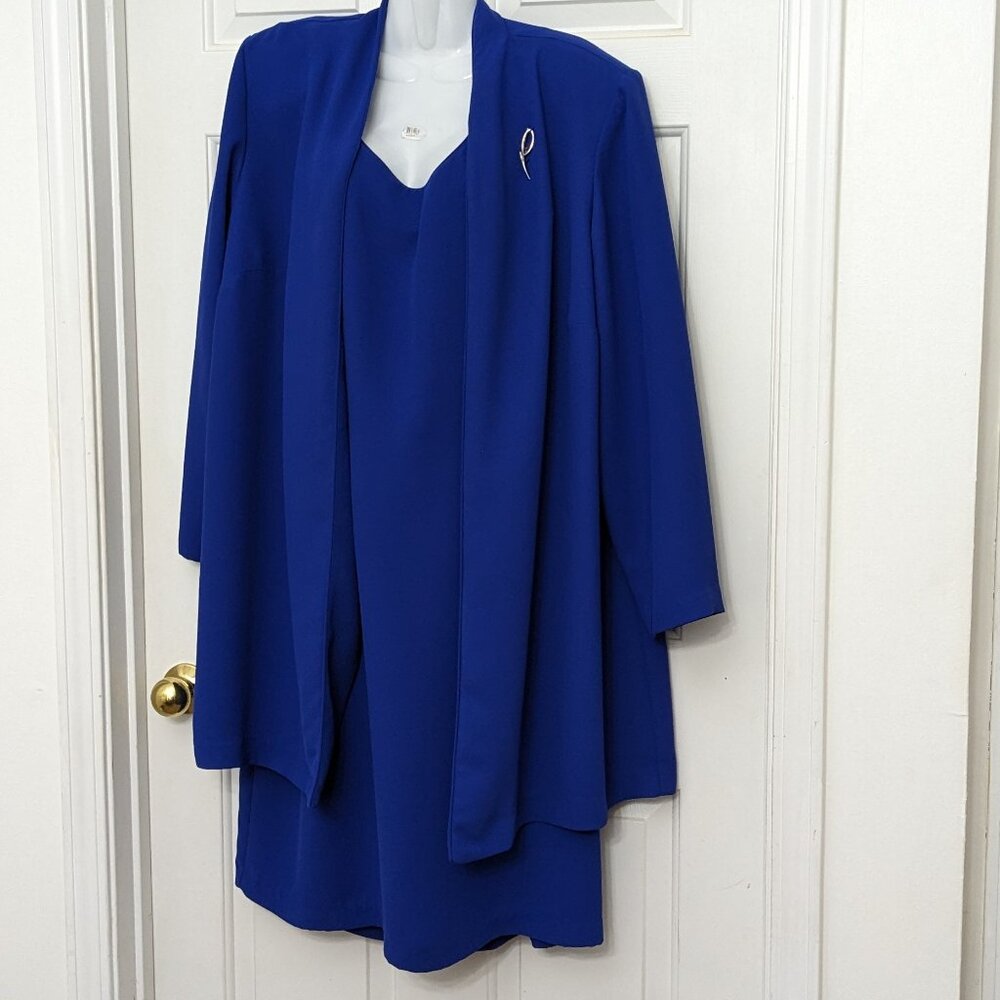 Dressbarn Women's Dress Sleeveless With Attached Jacket Size 20W Blue .